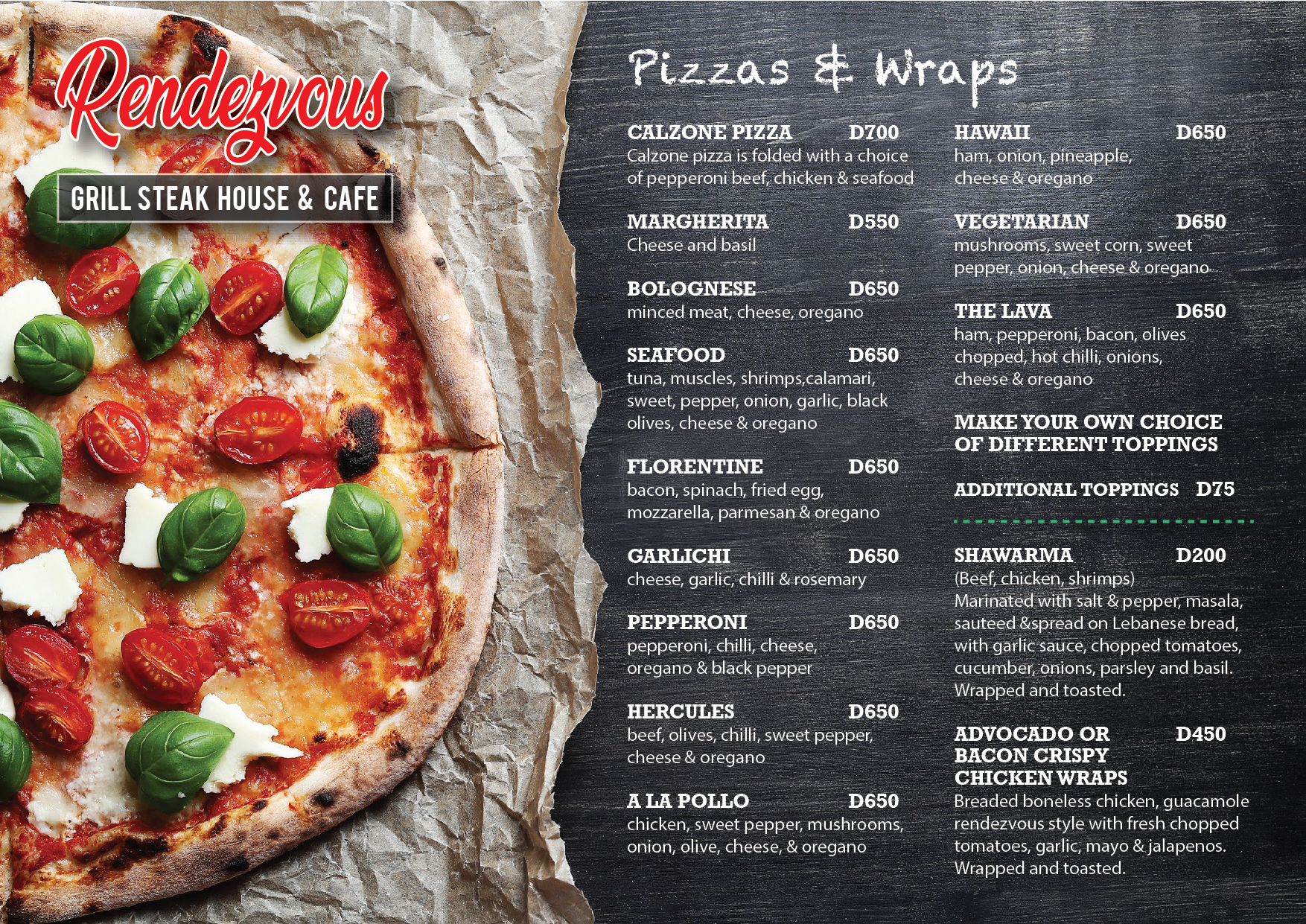 RendezVous Gambia Pizza menu